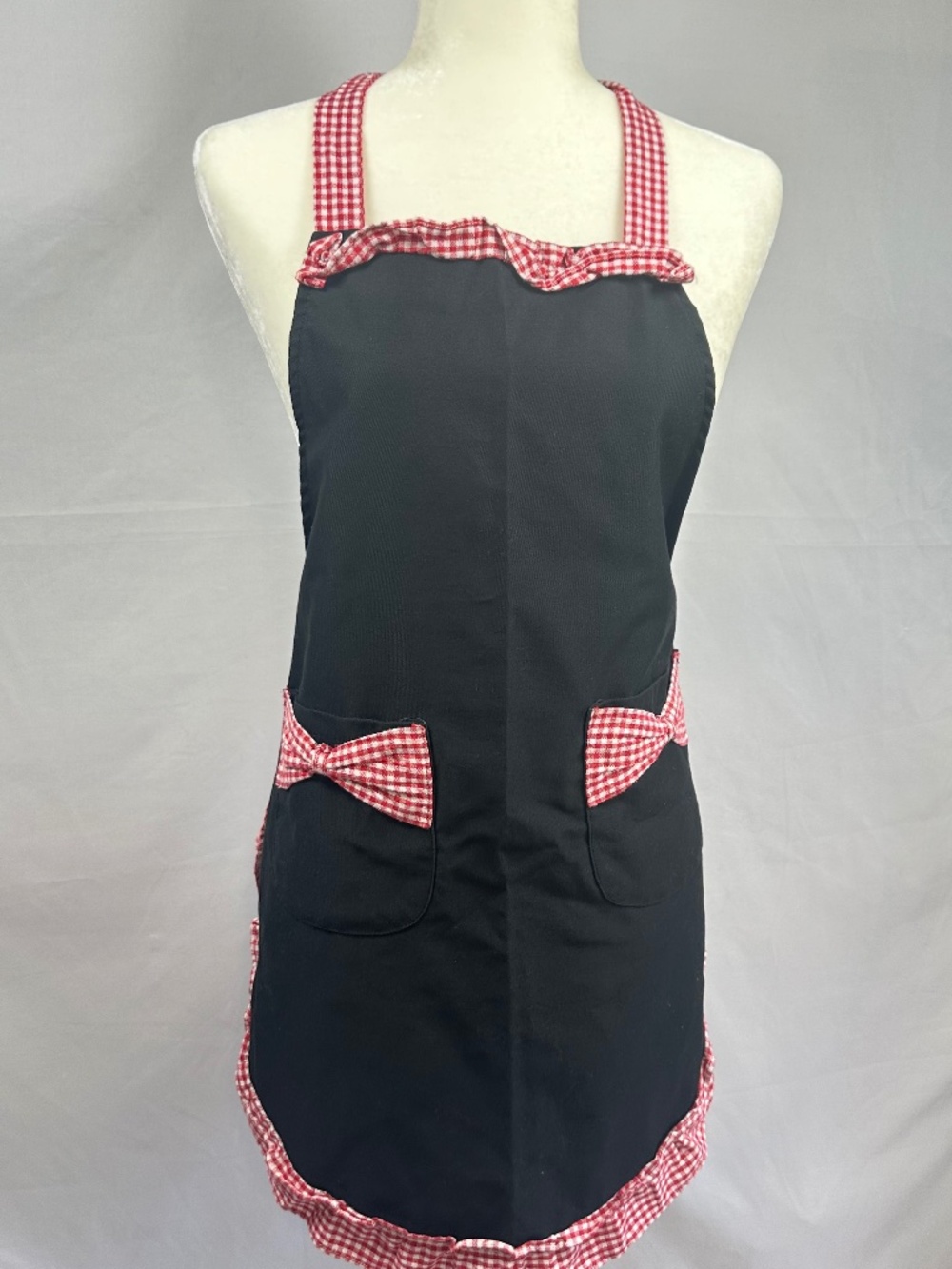 Women's Black Bib Apron with Red and White Checkered Trim, Size S-M, Tie Closure